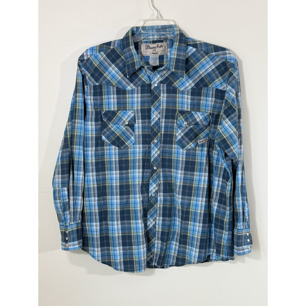 Vintage Wrangler W Rancher Western Pearl Snap Shirt Men 2XL Blue Plaid Y2K